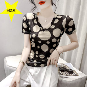 HZM Tide Europe 2023 fashion gauze printed top summer short-sleeved V-neck slimming western style T-shirt