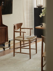 Retro Vintage Designer Dining Chair Study Chair Wicker Rope Binding Shou Wood Full Solid Wood Armchair Ancient Simple Style