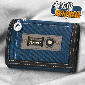 Mens Canvas Short Three-Fold Wallet Zipper Card Holder Coin Purse Middle School Elementary School Childrens Cloth Money Clip