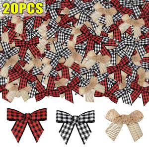 20ชิ้นโบว์พื้นที่โบว์ลายควายลายตารางสีขาวสีดำสีแดงและโบว์ริบบิ้นลายตารางหมากรุกสีดำและของตกแต่งต้นคริสต์มาสงานฝีมือ DIY