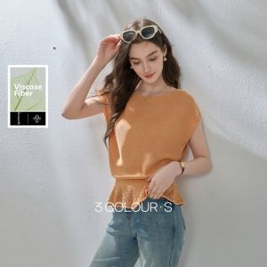 3COLOUR·S | Round Neck Short Sleeve Wavy Hem Knit Blouse S