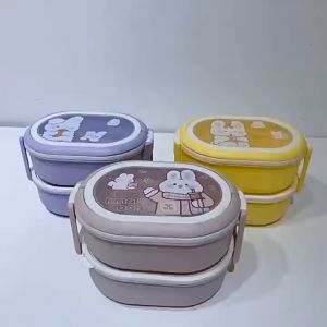 Kotak Makan Anak Anti Tumpah 2 Tingkat Rabbit Tutup Transparan 2000 ml