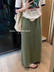 Green Cotton Linen Midi Skirt for Women Casual Lazy Style Loose Fit Wide Waist Opening Straight Profile Pure Color Pattern