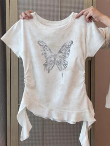 Summer 2025 New Butterfly Print Tie Dye Short Sleeve Womens T-Shirt Asymmetrical American Sweet And Spicy Girl Commute Style