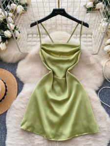 French Pure Desire Design Sense Swing Neck Strapless Backless Satin Dress Womens Waist Slimming A-Line Short Skirt