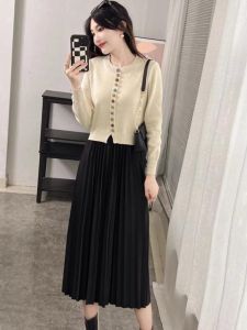 Womens Autumn and Winter Fake Two-Piece Knitting Dress New Arrival Fashion Inner Match Loose Slim Looking Mid Length Long Length below the Knee Bottoming Skirt