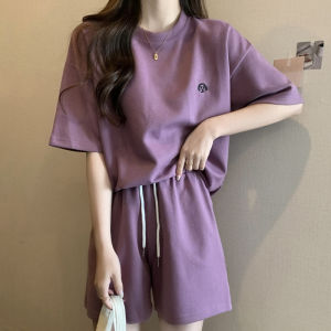 Hong Kong Style Casual Fashion Set Womens Summer Thin Loose Sporty Short Sleeve Shorts Two-Piece Set Polyester Cotton Spandex