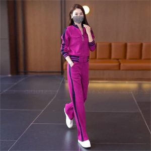 LIANGYILAILIN | Short Womens Outfit Set Rose Red Straight Leg Sport Coat and Casual Pants