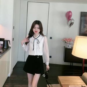 AMMIN French Royal Style Wooden Ear Bow Strap Design Long Sleeve Chiffon Shirt Womens 2025 Early Spring High-Grade Chic Elegant Blouse
