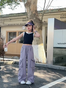 130-160cm กางเกงคาร์โก้เด็กผู้หญิง กางเกงคาร์โก้เด็ก การออกแบบโบว์ กระเป๋าหลาย ขากว้าง เอวยางยืด ระบายอากาศได้สะดวกสบาย สีม่วง / เหลือง