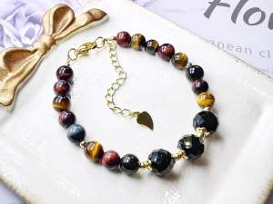 Gelang Tangan Kristal Natural Crystal Color Tiger Eyes Stone with Faceted Black Tourmaline Bracelet 纯天然水晶彩虎眼石配黑碧玺手链