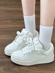 Casual Bread Shoe Womens White Sneakers Student Sports Flat Shoes Cross Buckle School Style Ultra-Fine Fiber round Toe Thick Heel