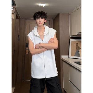 White Hooded Sleeveless Vest Mens Summer Design Sense Metal Zipper T-Shirt American Style Heavyweight Short Sleeve Shoulder