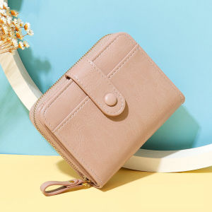 กระเป๋าสตางค์ผู้หญิงทรงสั้นพับสองครั้งสีพื้นเรียบง่าย กระเป๋าใส่เหรียญ กระเป๋าใส่บัตรหลายช่อง กระเป๋าสตางค์หนัง PU สำหรับเยาวชน