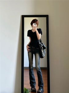 กางเกงยีนส์ทรงตรงเอวต่ำสไตล์อเมริกันย้อนยุคสำหรับผู้หญิง กางเกงขายาวทรงสลิมฟิต ทรงลำลอง ฤดูใบไม้ร่วง 2023