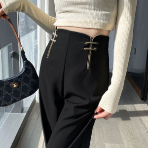 WANGGONGZHU | High Waist Chinese Style Suit Pants Women Spring Summer New Small Size Straight Loose Casual Floor Length Wide Leg Pants