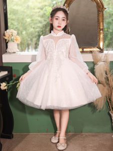 Elegant Princess Style Fleece Lined Long Sleeve Birthday Dress for Girls Autumn Winter Collection White Puffy Skirt Dress