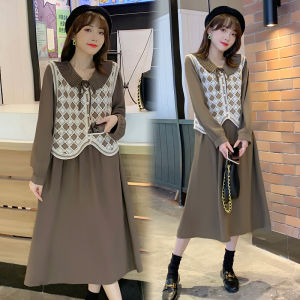 ชุดเดรสแขนยาวสไตล์ฝรั่งเศสขนาดใหญ่สำหรับสาวน้อย ชุดสองชิ้นสไตล์ Little Fragrance Wind เสื้อกั๊กและกระโปรง