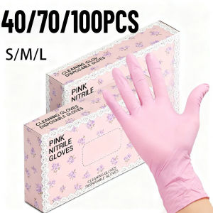 40/70/100PCS Light Pink Nitrile Gloves Disposable Daily Cleaning Nitrile Gloves Bowls Pots Mopping Sweeping Floors Cleaning Tool