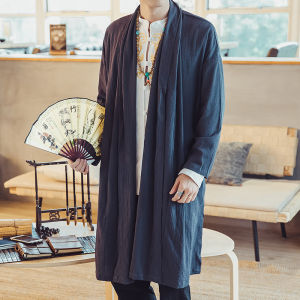 Retro Style Mens Cotton Linen Thin Windbreaker Spring Autumn Pure Color Versatile Mens Fashion Hanfu Trendy Long Coat