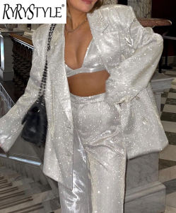 Bộ 3 Món Thời Trang Cho Nữ Áo Blazer Áo Blazer Kim Sa Dài Tay Thời Trang Xuân 2022 Áo Khoác Quần Cạp Cao Chân Cho Nữ