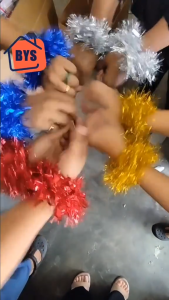 BYS Reusable Metallic Foil Dancing Hand Flower Wristband Cheerleading Pom Poms for Kid Adults Kindergarden Hari Sukan