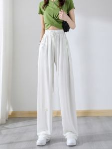 JIANGLU | Quần thể thao Ice Silk cạp cao cho nữ mùa hè mỏng rộng rãi quần ống đứng màu trắng quần dài thường ngày