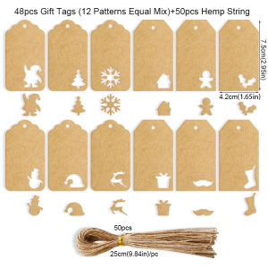48Sets Christmas Gift Tags Vintage Kraft Paper Tags Hollow Xmas Tree Reindeer Hanging Labels with String for Holiday Gift Wrap