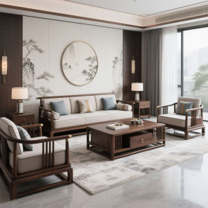 New Chinese Style Sofa Set Black Walnut Wood Fabric Villa High End Furniture Customizable Head Layer Cowhide Finish