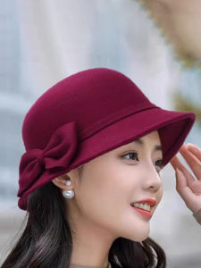 Red Zodiac Year Hat Autumn Winter Womens Elegant British Style Velvet Bow Knot Hat Vintage French Fashionable Large Brim Cap