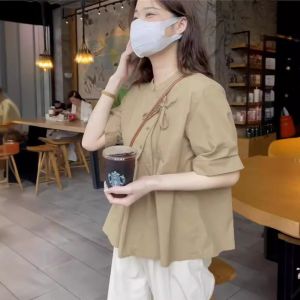 เสื้อเชิ้ตผู้หญิงแขนพองสไตล์จีนใหม่ คอตั้ง แขนสั้น ทรงหลวม ผ้าผสมโพลีเอสเตอร์ผสมคอตตอน ฤดูร้อน 2025