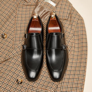 British Style Mens Business Formal Shoes Bright Surface Double Buckle Slip-On Monk Shoes Casual Comfortable Leather Shoes