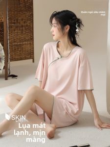 MiiOW | Bộ đồ ngủ lụa băng mùa hè cho nữ MiiOW Áo len cardigan hở ngực tay ngắn Bộ đồ ngủ cotton polyester thoáng khí thoải mái cho nữ