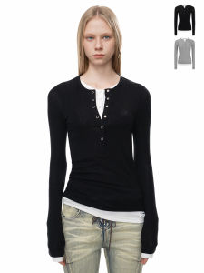 Áo Thun Dài Tay Dày Thêu Ôm Vừa Vặn Cho Nữ Mùa Thu Đông Cổ Henry Giả Hai Mảnh Tay Dài Cotton Pha Polyester