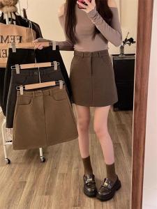 Khaki Woolen Mini Skirt High Waist Bodycon A-Line Short Skirt for Women Spring Autumn Thickened Knitted Commute Style Korean