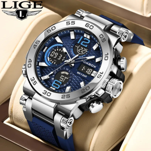 LIGE Luxury LCD Display Men Watches Luminous Sport Waterproof Military Quartz Men Watch + Box