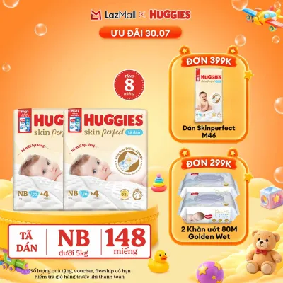 [30.7 QUÀ TẶNG ĐƠN 0Đ] Combo 2 Tã/bỉm dán sơ sinh Huggies Skin Perfect NB70 với 2 vùng thấm giảm kích ứng da