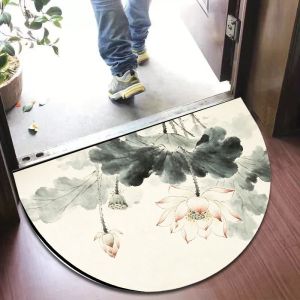 VIKAMA Ink Flower Half Round Door Mat Anti slip Soft Carpet Oriental Zen Decoration Door Mat Home Decoration