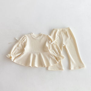 Children Bow Shirts + Flared Trousers 2pcs Suit Cotton Toddler Girl Outfits Autumn Korean Girls Set Sweet and Cute Girls Set