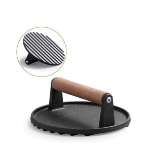 JUSTINLAU Square/Round Cast Iron Meat Pressing Plate Uncoated Meat Flattener with Wooden Handles Kitchenware BBQ Kitchen