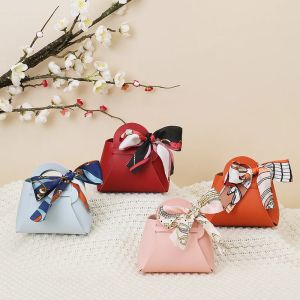 60pcs Leather Gift Bags Bow Ribbon Packaging Bag Wedding Favour Distributions Bags Christmas Candy Packaging Box Mini Handbag
