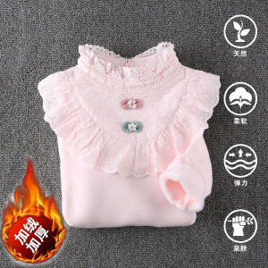 Girls Bottoming Shirt Spring and Autumn Childrens Doll Collar Long sleeves Shirt Baby Medium and Big Childrens Turtleneck Lace Cotton Top