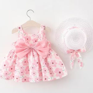 0-3-Year-Old Baby Clothes Summer Seaside Vacation Childrens Dress Floral Sleeveless Bow Girl Princess Dress+Hat