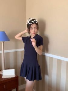 Korean Dress💟เดรส👗ชุดเดรสผู้หญิง สไตล์วิทยาลัย ชุดเดรสคอโปโล กระโปรงทรงเออัดพลีท