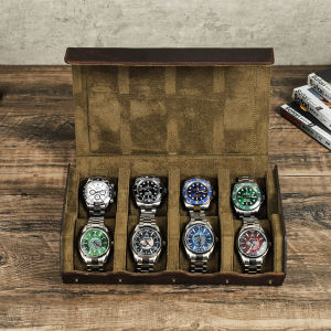 Hiram Vintage Crazy Horse Leather 8 Slots Watch Case Travel Storage Box with Slid in Out For Men Watch Organizers Box