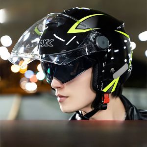 หมวกกันน็อคไฟฟ้าแบบสองชั้นสำหรับผู้ชาย ฤดูใบไม้ผลิ ฤดูร้อน ฤดูใบไม้ร่วง ฤดูหนาว ป้องกันหมอก ป้องกันฝน หมวกกันน็อคแบบสามส่วน