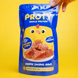 PROTY Chicken Chips Ori(2 pcs)+Pedas(1pcs) Snack Cemilan Berprotein Tinggi - Keripik Daging Ayam Asli Krispi 18 gr