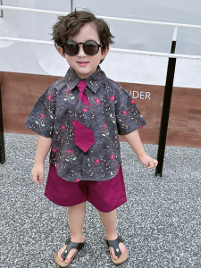 Boys Summer Shirt Short Sleeve Tie Two Piece Set Casual Cotton Blend Comfortable Breathable Clothing for Kids Ages 2-18