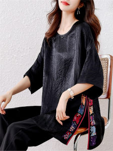 New Chinese Style Loose Shirt Womens T-shirt September Stray Ink Heavily Embroidered Acetate Satin Heavy Work Embroidery Twelve Zodiacs