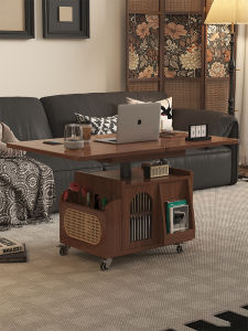 Vintage Style Tea Table Desk Elevatable Folding Solid Wood Living Room Sofa Side Table Cabinet Mobile Cart Small Apartment